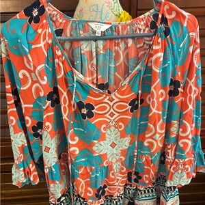 crown & ivy Coral and Teal Printed Peasant Top